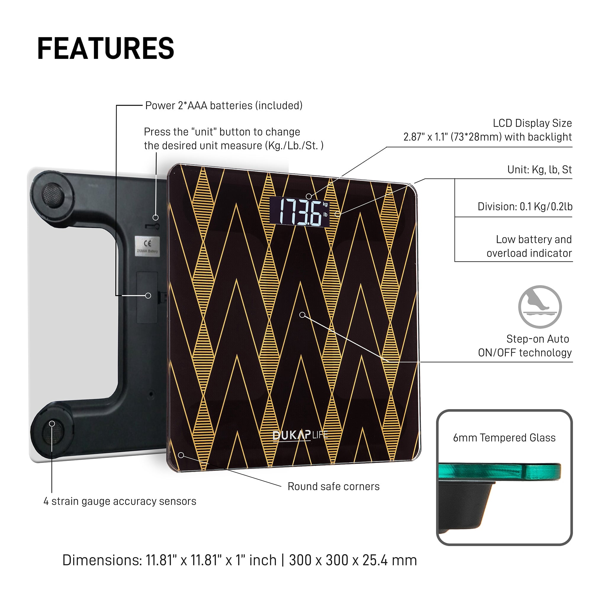 DUKAP LIFE Unique Digital Bathroom Body Weight Scale with LCD Screen Display - RETRO Design