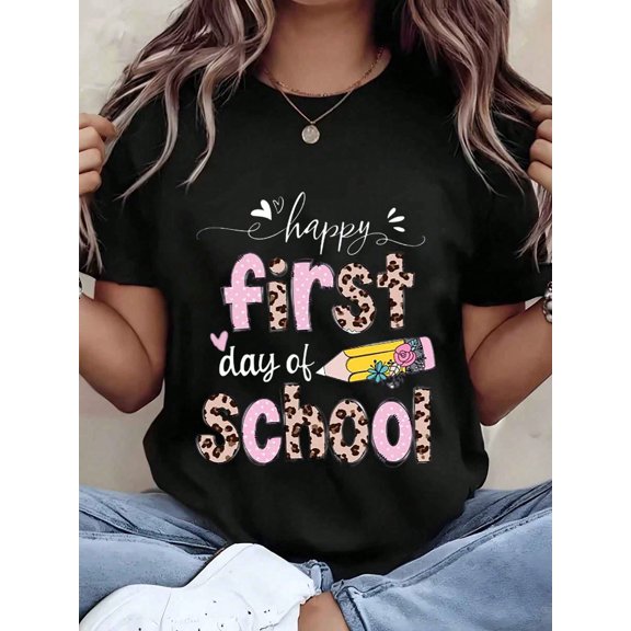Women T Shirt Happy First Day Of School Leopard Print And Pencil Graphic Round Neck Casual Top For Back To School Season Gift