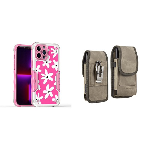 Case and Pouch Bundle for iPhone 14: Heavy Duty Armor Rugged Case (White Flowers on Pink) and Vertical Rugged Denim Nylon Belt Holster (Brown)