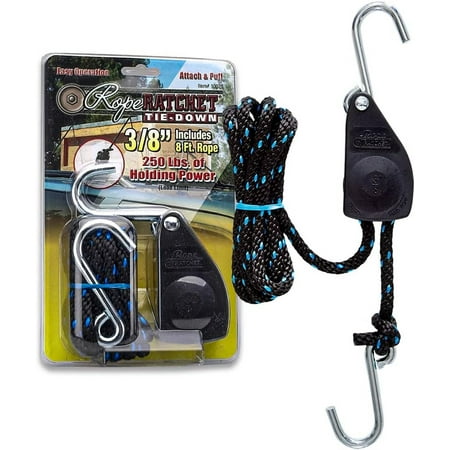

Rope Ratchet 10020-3/8 Ratchet Tie Down Rope Block & Tackle Rachet Pulley Rope Ratchet Hanger Tie Downs with Hooks Rope Pulley Hoist 8ft Braided Polypropylene 250lb Capacit