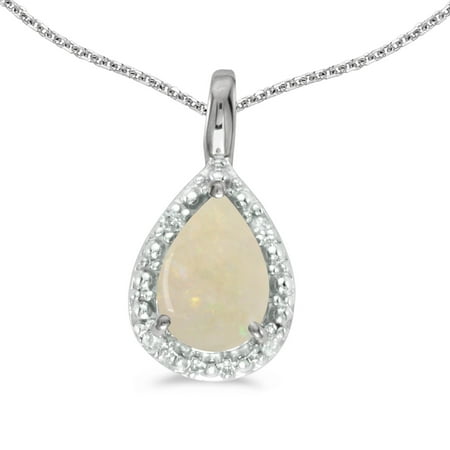 - 14k White Gold Pear Opal Pendant with 18