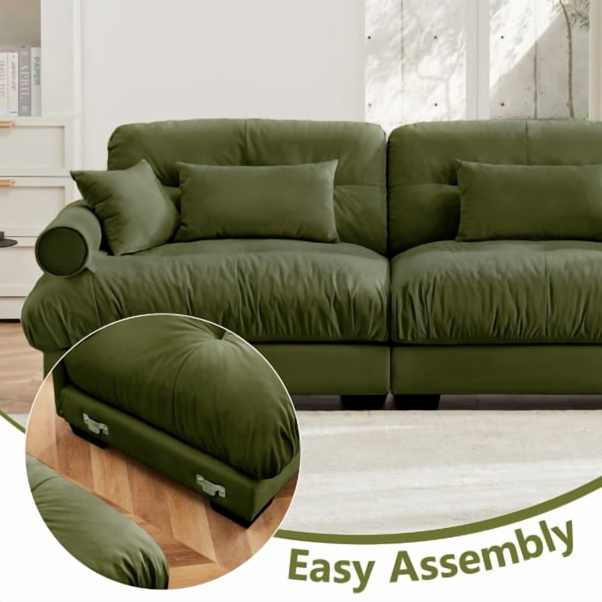 94" Cloud Couch Olive green Chenille 2-Seater Sofa with Round Bolster Armrests, Deep Cloud-Like Seat, and 2 Lumbar & 2 Throw Pillows