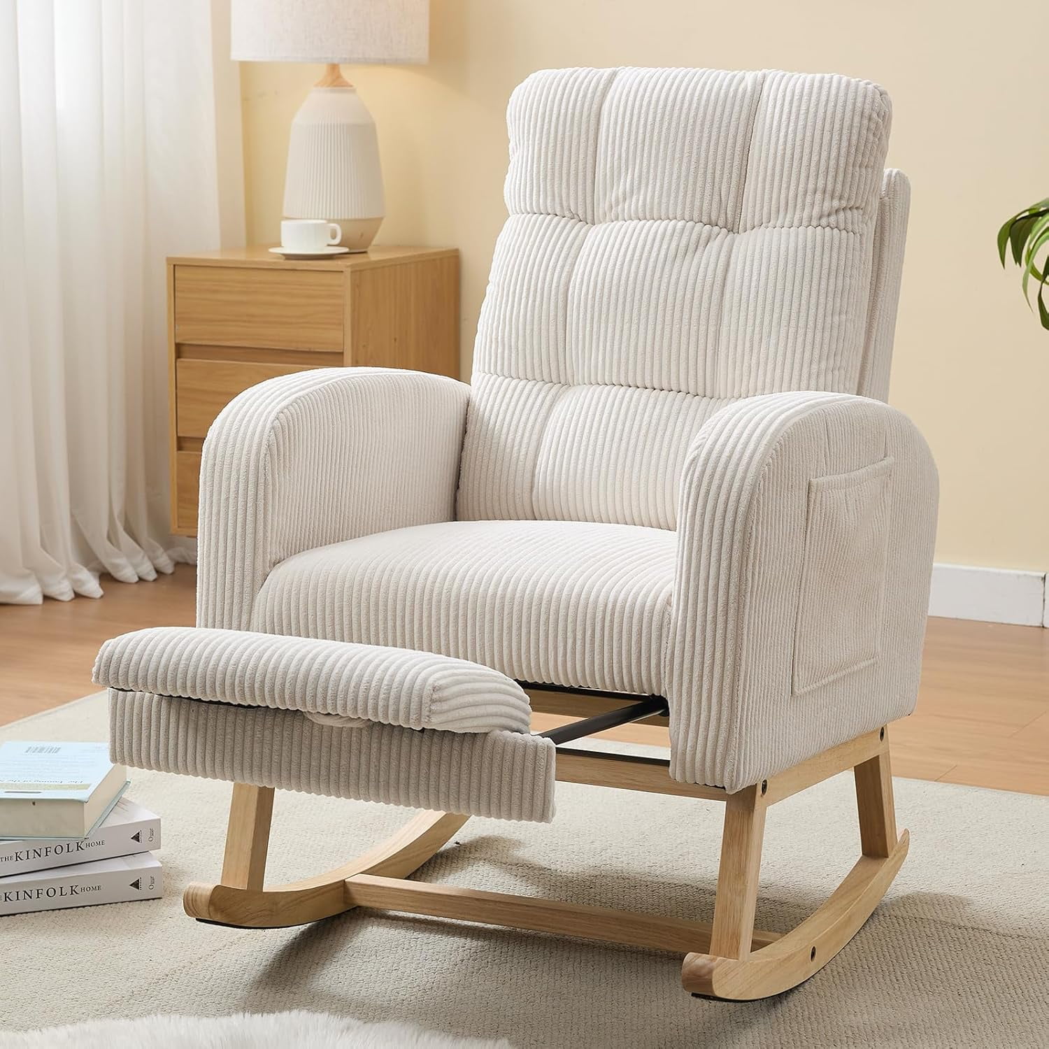 Nursery Rocking Chair, Corduroy Upholstered Rocking Chair with Adjustable Footrest, Tufted Rocker Chair with Side Pocket, Glider Rocker for Living Room, Bedroom (Cream Retro)