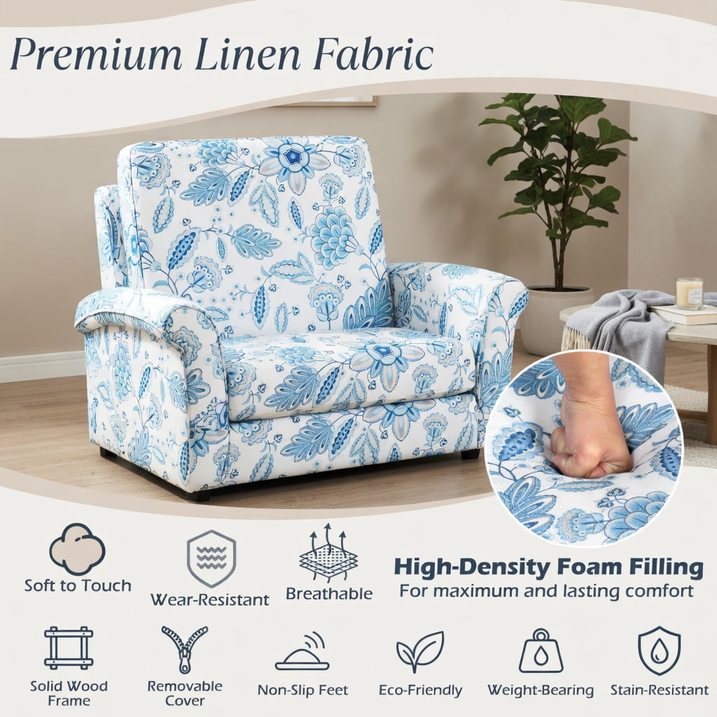 Hommoo Farmhouse Boho Accent Chair with Solid Rubber Wood Legs, High-Back Linen Upholstery, Ergonomic Design, Living Room, Bedroom, Blue