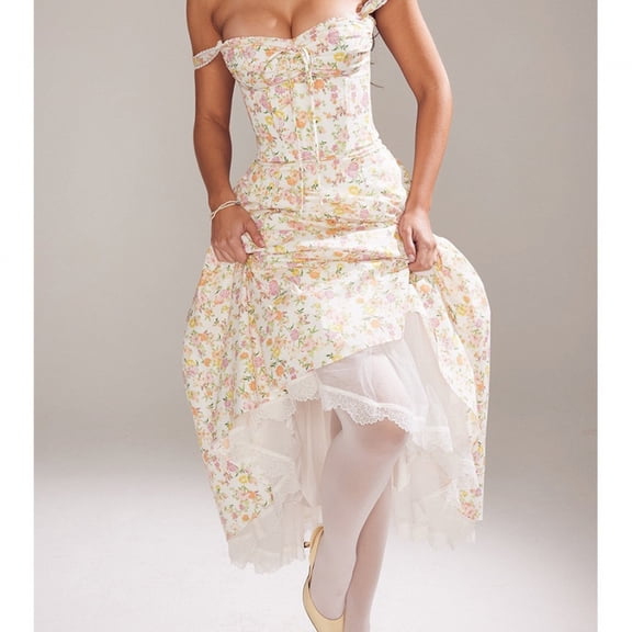 Resort-style slim-fit digital print halter lace trim maxi dress