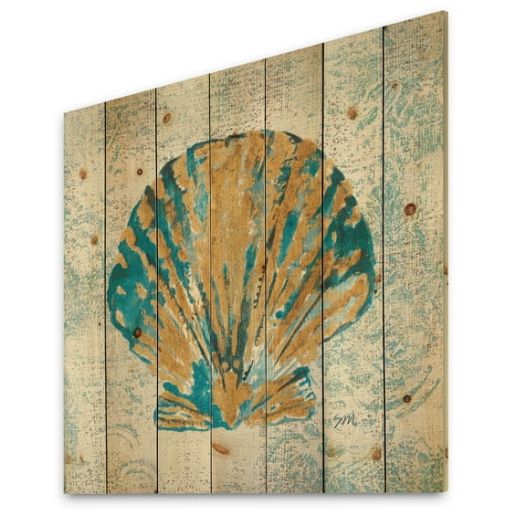 Designart 'Coastal Pastel seashells I' Vintage Nautical Print on Natural Pine Wood