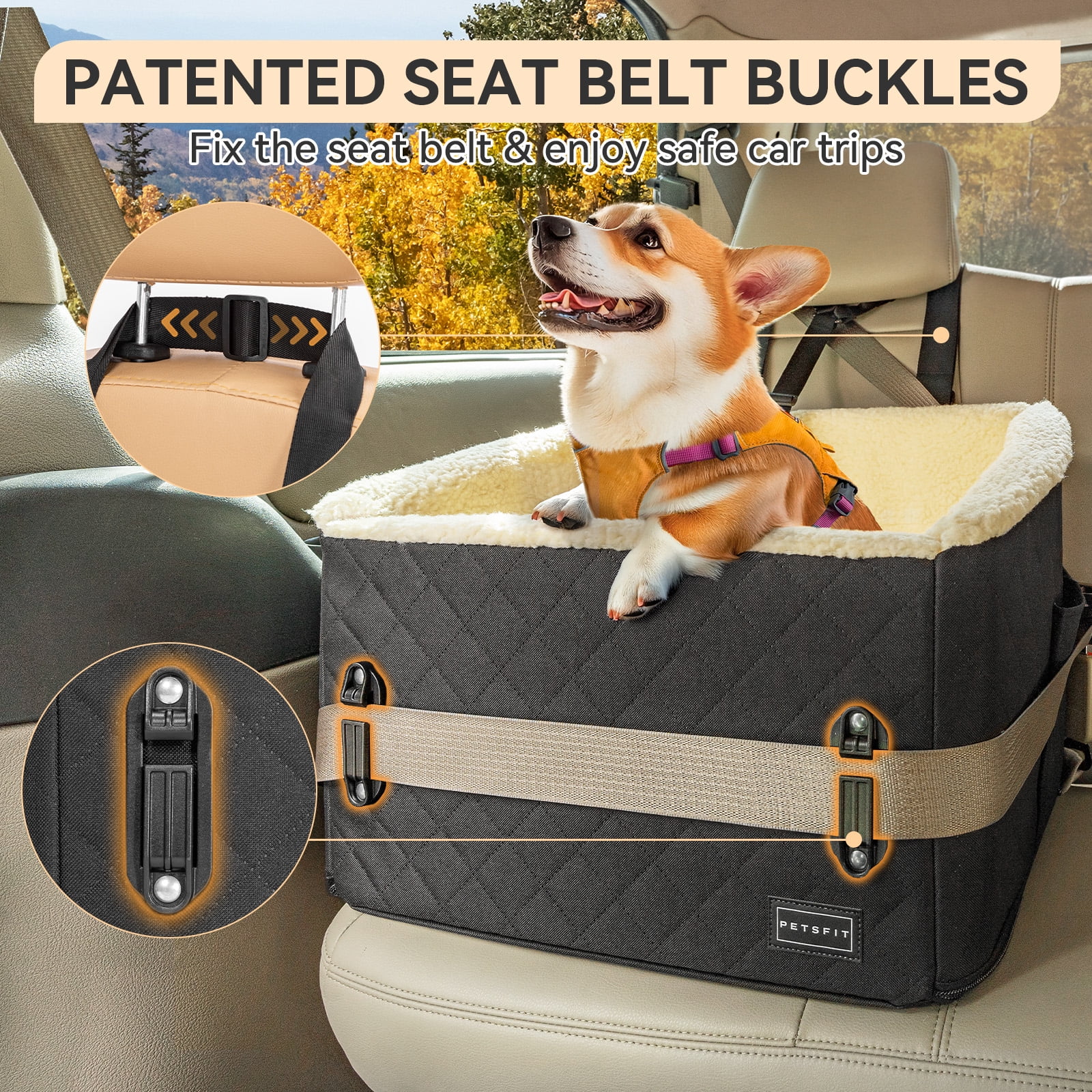 PETSFIT Dog Car Seats for Small Dogs, Patented Safety Buckles, Detachable Clip-On Safety Leash，30 LBS (Black)