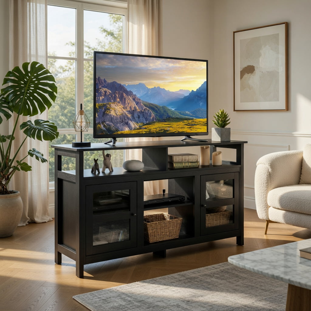 Demi Bonn TV Stand, TV Cabinet, 58 Inch TV Stand Entertainment Console Center with 2 Cabinets, Media Entertainment Center with Storage, for Living Room, Bedroom, Black