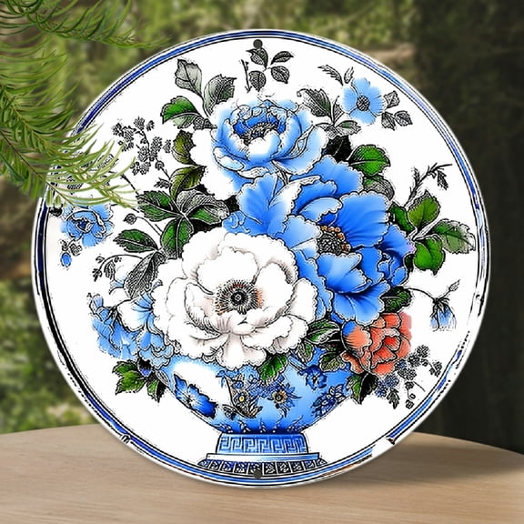 Beautiful Blue and White Porcelain Plate Theme Wall Decoration - with Multicolor Floral Design, 8X8 Inch, Round Aluminum Decor, Suitable for Home, Cafe, Apartment, Restaurant