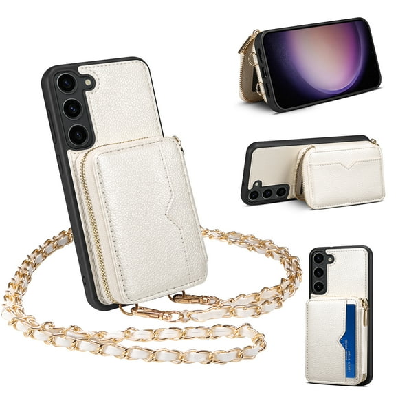 SaniMore Case for Samsung Galaxy S23 Plus 6.6" 2023 with Metal Detachable Crossbody Lanyard Zipper Wallet Pocket Card Slots PU Leather Wear-resistant Shockproof Anti-fall Retro Girly Shell, White