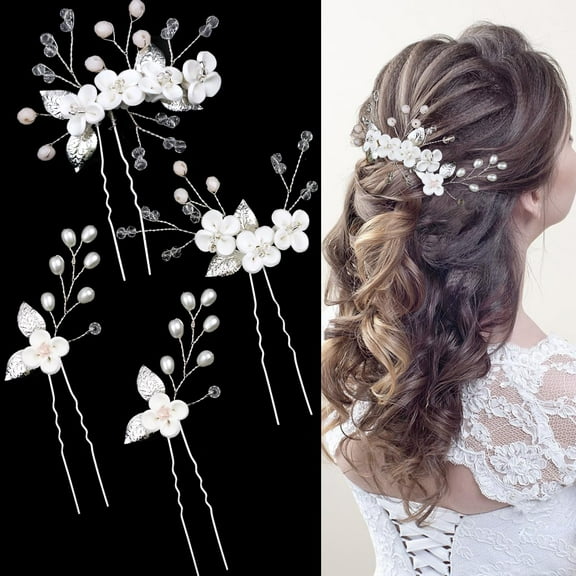 4 Pieces Bridal White Flower Hair Pins Pearl Rhinestone Hair Forks Headpiece Elegant Wedding Hair Accessories for Women Girls Brides Bridesmaids Flower Girls
