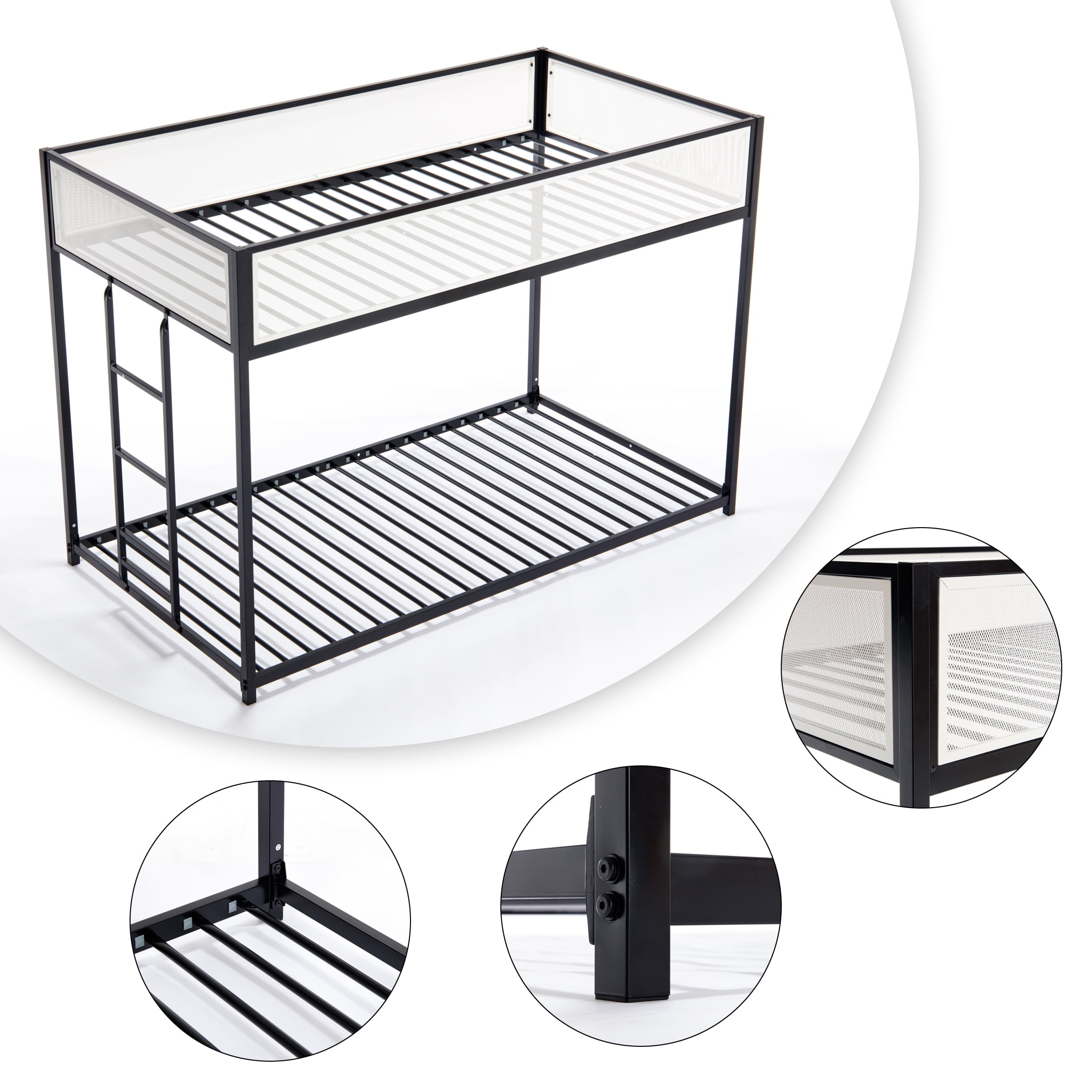 Aukfa Metal Bunk Bed, Twin over Twin Floor Bed Frame with Mesh Guardrail for Kids Teens, Black