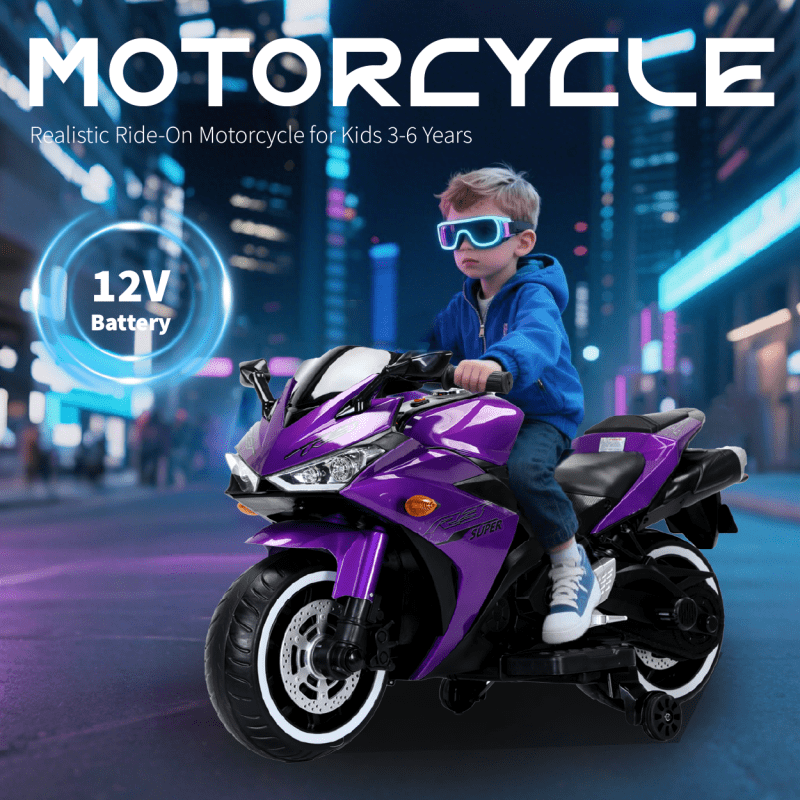 2 Seats Kids Motorcycle, 12V Ride On Electric Motorcycle, Kids Motorbike with USB, Bluetooth, Light, Storage Box, Motorcycle for Kid Aged 3+ (Purple)