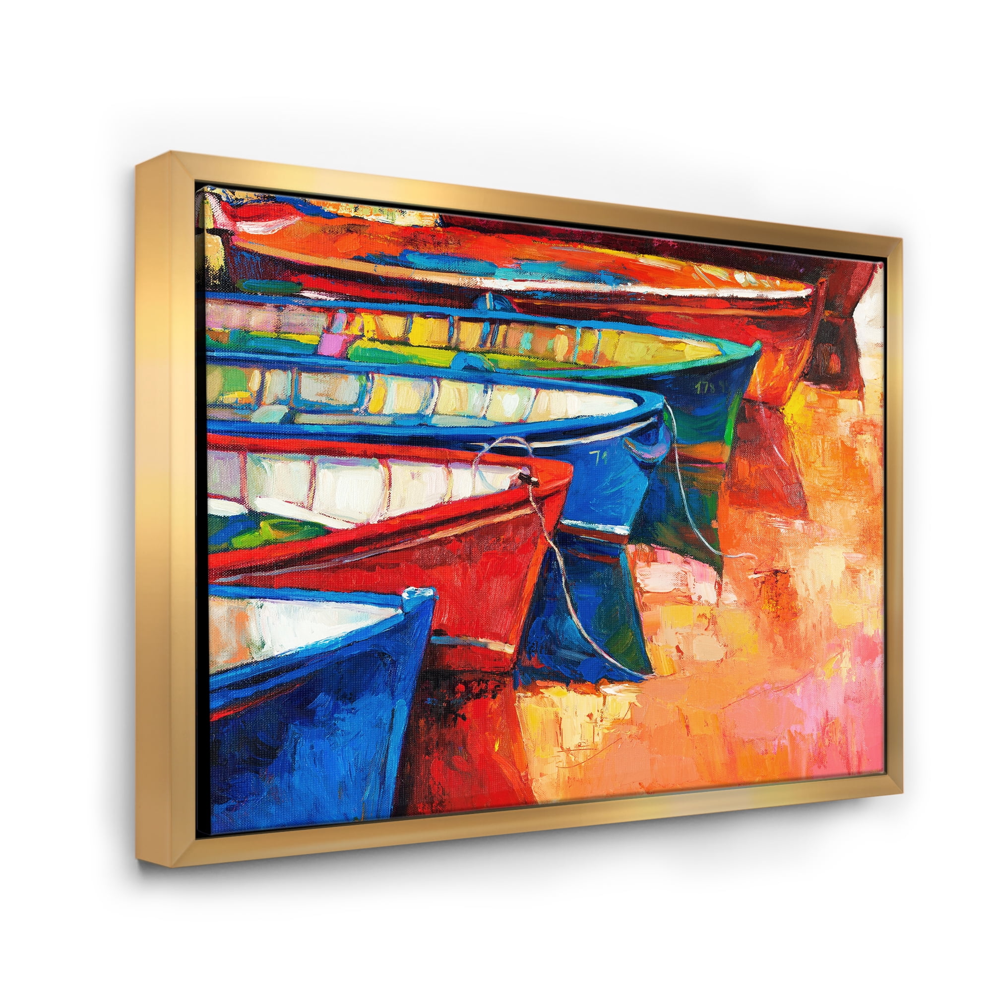 Designart 'Boats During Warm Colourd Sunset In The Harbor II' Nautical & Coastal Framed Canvas Wall Art Print