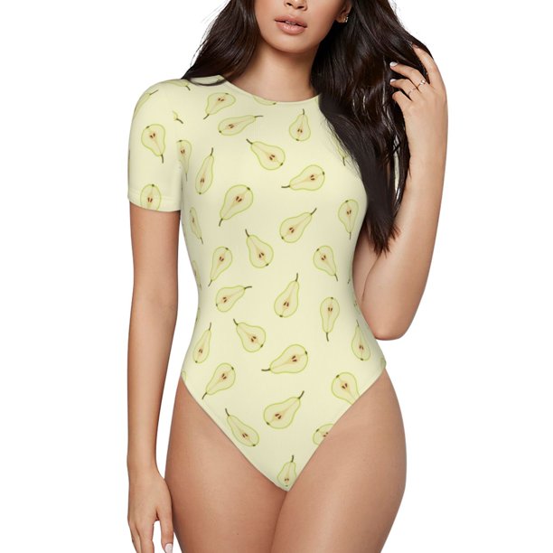 Balery Green Pears Body de cuello redondo de manga corta para mujer Tops de manga corta Tops básicos-Small