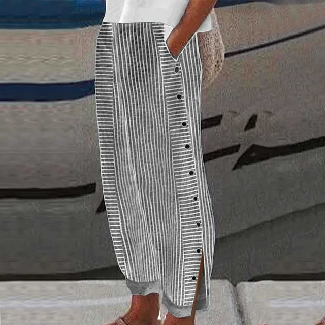 Women Summer Fashion Striped Print Button Casual Versatile Loose Long Pants Solid Drawstring Casual Linen Pants Women Trousers Womens Casual Romper Pants plus Size Sweat Pants Comfortable Maternity