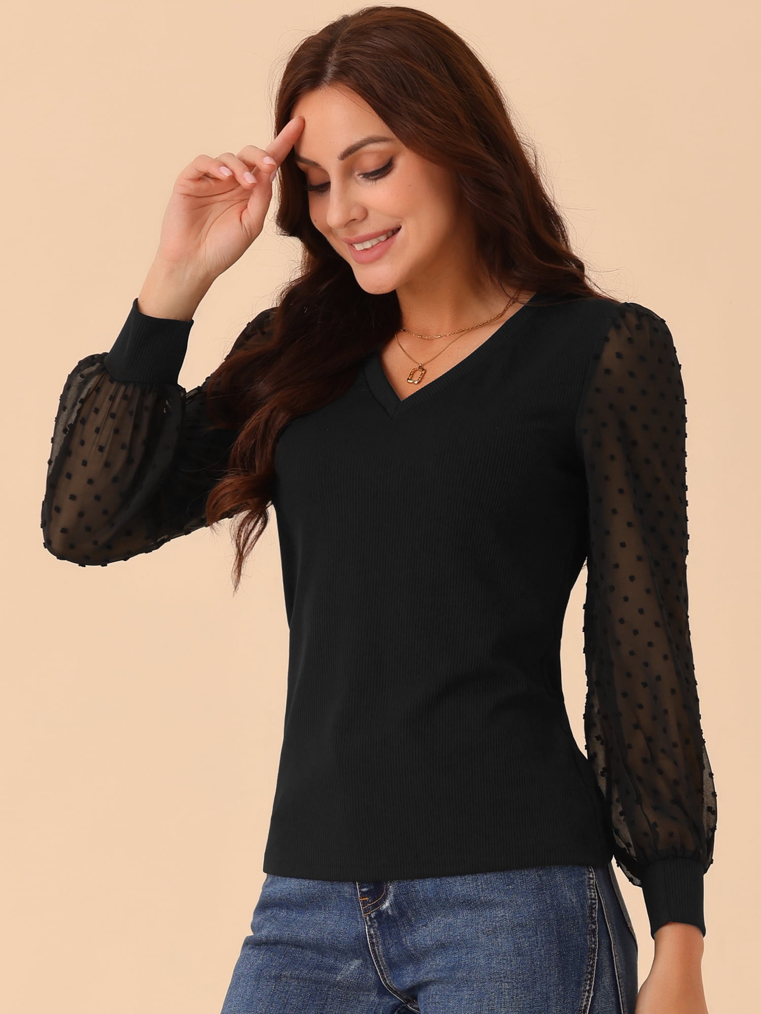 DARING DIVA Women's Long Sleeve V Neck Swiss Dot Mesh Sleeve Blouses S Black