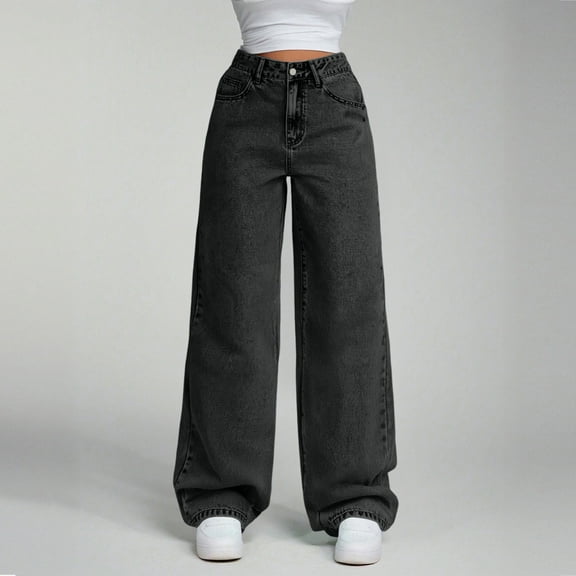 Hogleaql Wide Leg Jeans for Women High Waisted Fashion Lightweight Stretchy Straight Leg Button Denim Jeans with Pockets Loose Fit Trousers BlackM