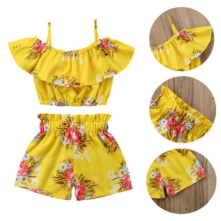 Summer Toddler Baby Girl Clothes Ruffle Floral Halter Top+Shorts Pants Outfits 2pcs/Set 2-3 Years