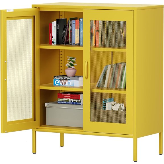 Metal Storage Cabinet,Metal Locker Storage Cabinet with 2 Mesh Doors and Adjustable Shelves,Metal Sideboard,Pantry Storage Cabinet for Home,Office,Kitchen,Living Room(Yellow 40" H)