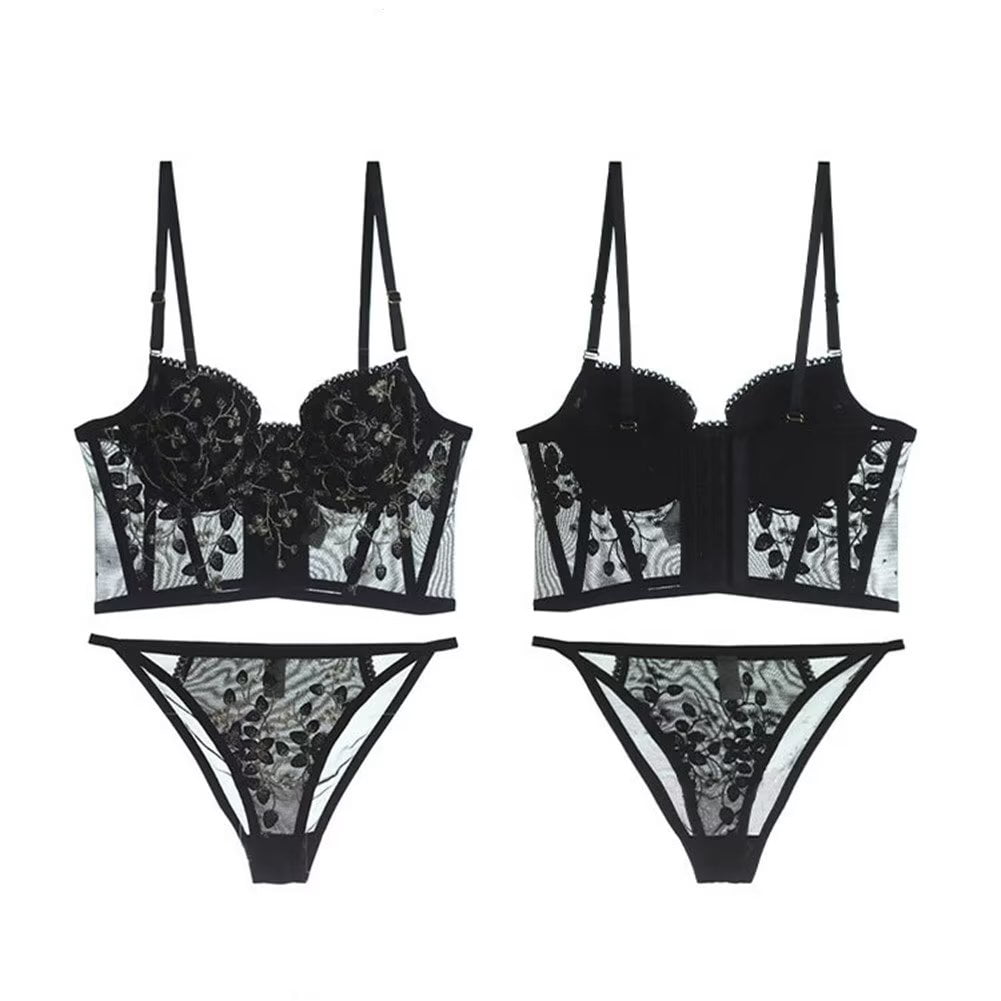 Women Lingerie Set Flower Embroidery Bralette and Panty Set Removable Chest Pad Underwear