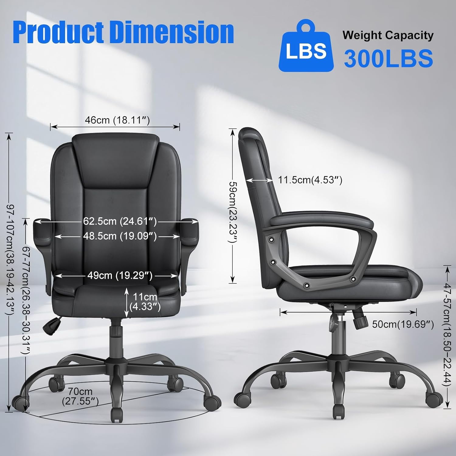 Ergonomic Mid-Back Gaming & Office Chair with Adjustable Height – PU Leather, Black with Blue Accents, Lumbar Support, Rolling Swivel Base for Home Office & Gaming