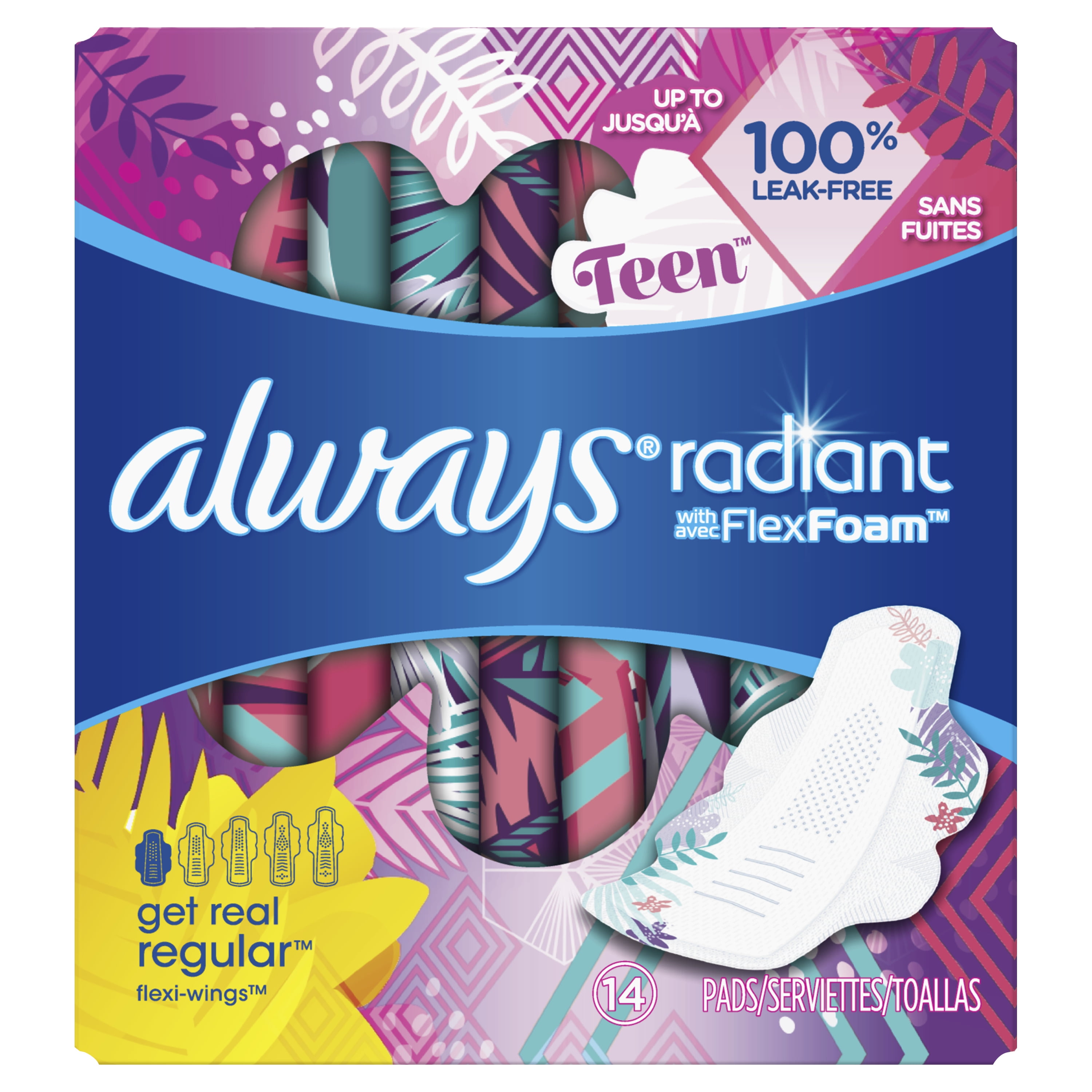 ALWAYS Radiant Teen Pads Get Real Regular Unscented With Wings, 14