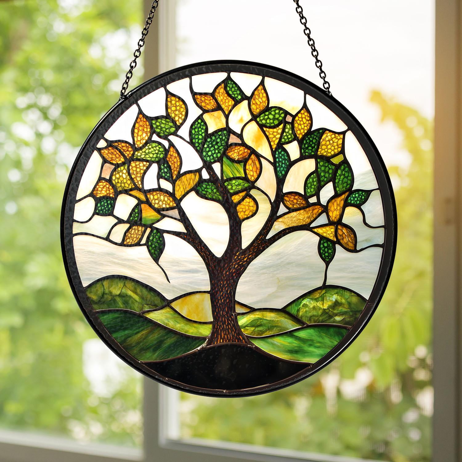 Tree of Life Glass Suncatcher | Spiritual Window Hanging with Green & Golden Leaves | Rustic Boho Home Décor Gift 3.5 in