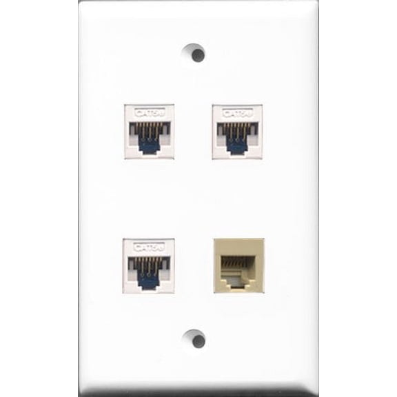 RiteAV - 1 Port Phone RJ11 RJ12 Beige 3 Port Cat5e Ethernet White Wall Plate