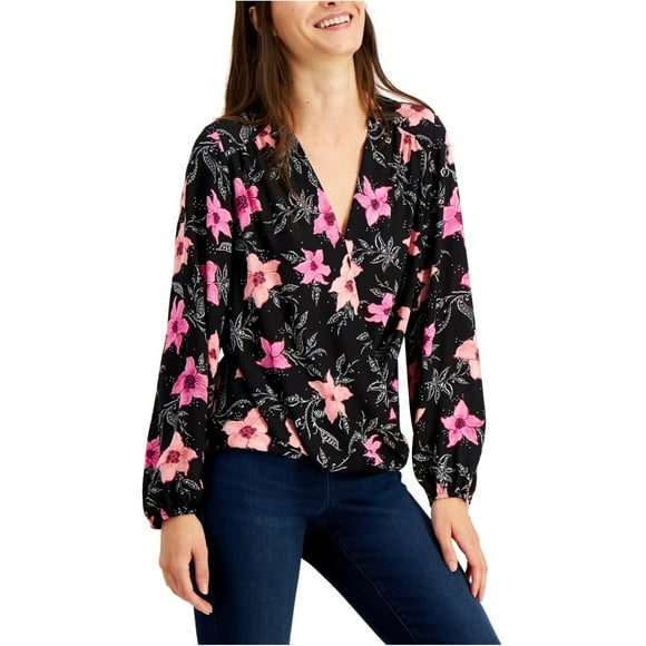 I.N.C Womens Floral Pullover Blouse, Black, Small
