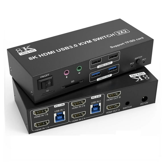 8K Dual Monitor KVM Switch 2 Monitors 2 Computers,4 USB Devices, Microphone and SD TF Card, 8K60Hz 4K120Hz ,enhances work efficiency