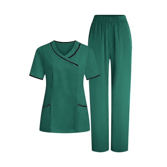 Medical Scrubs for Women Short Sleeve V Neck Tops with Side Pockets ELASTIC Waist Straight Leg Pants Professional Practical Medical Uniforms