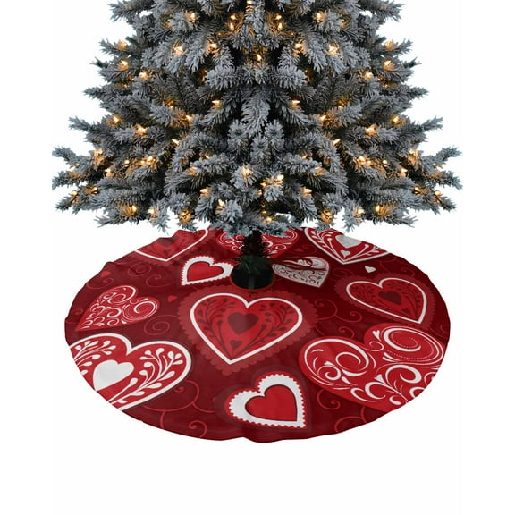 Red Love Valentines Christmas Tree Skirt 48 Inches Large Christmas Skirt Tree, Dark Red Love Heart Tree Skirt Christmas Decorations for Fireplace Party Holidays Indoor Outdoor