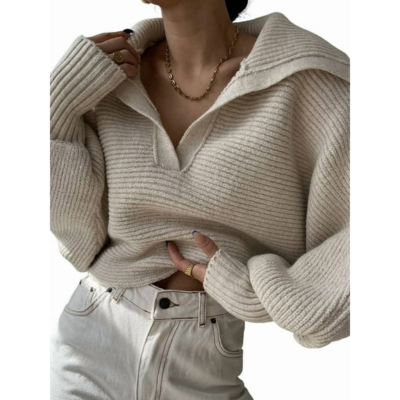 Women Long Sleeve Sweaters Oversized Stretch Fitted Pullover Sweater Ribbed Solid Color Knit Jumper Tops  S