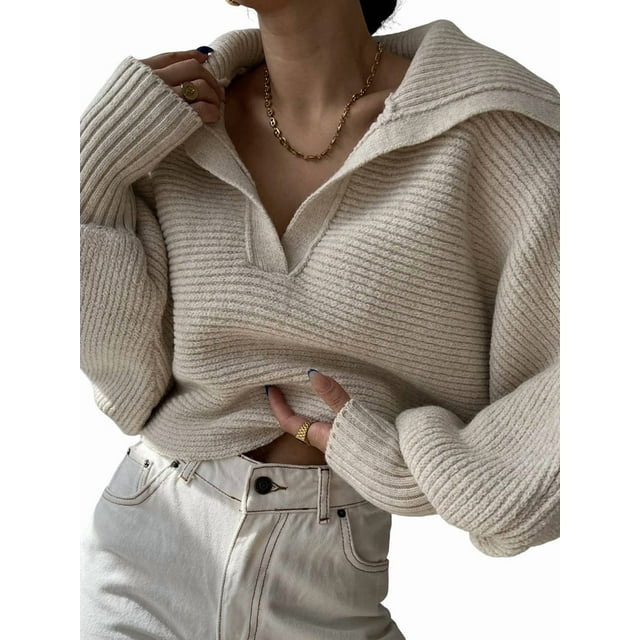 Women Long Sleeve Sweaters Oversized Stretch Fitted Pullover Sweater Ribbed Solid Color Knit Jumper Tops M