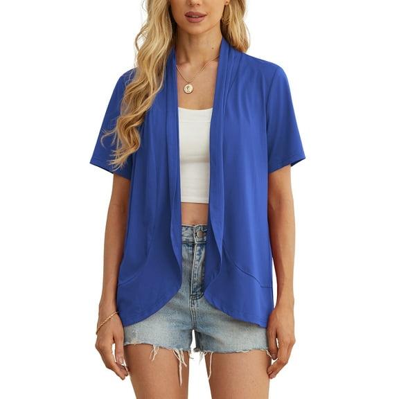 JWD Women’s Summer Cardigans Lightweight Open Front Draped Ruffles Hem Short sleeved thin cardigan with curved edges, elegant, casual, lightweight cardigan Royal Blue-L