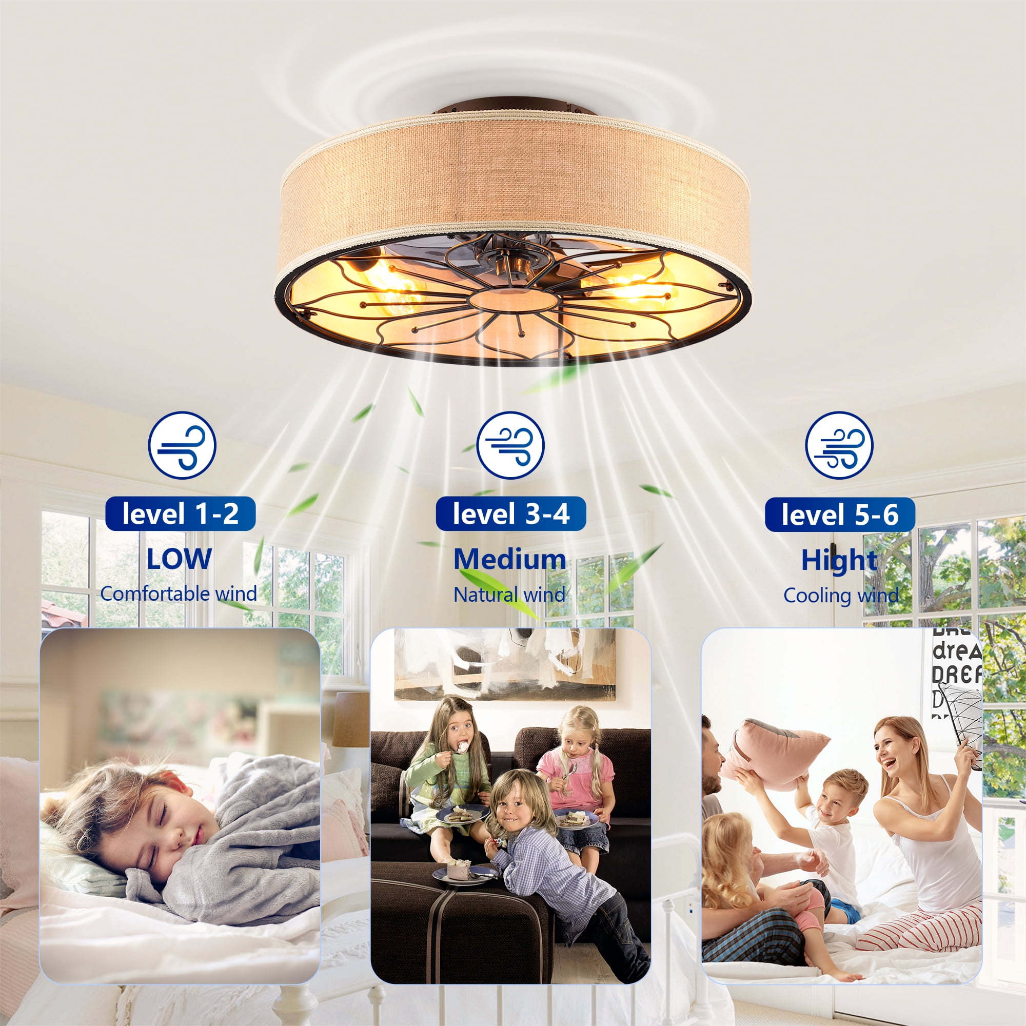 Leumius 20" Fabric Farmhouse Ceiling Fan with Light and Remote Control,Low Profile Modern Enclosed Ceiling Fans with Reversible Motor for Living Room,Bedroom,Kitchen Brown (NOT Included Bulbs)