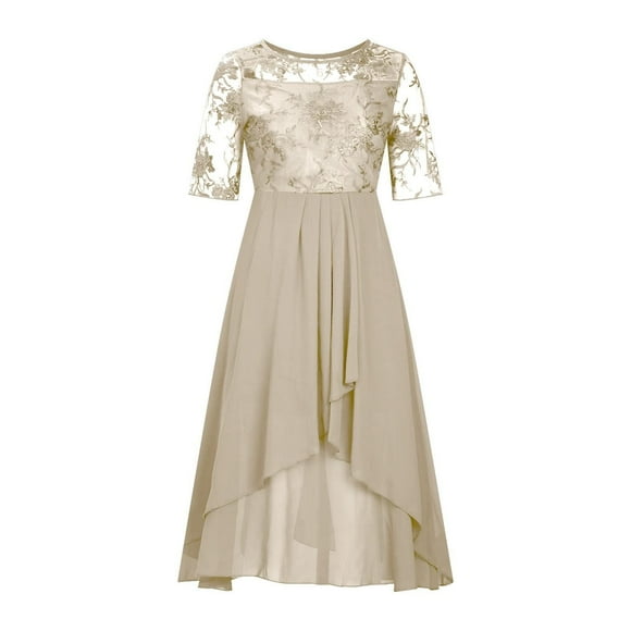 HAJGJP Petite Maxi Dresses Women's Tea Length Embroidery Lace Chiffon Dress Dress Gold,S