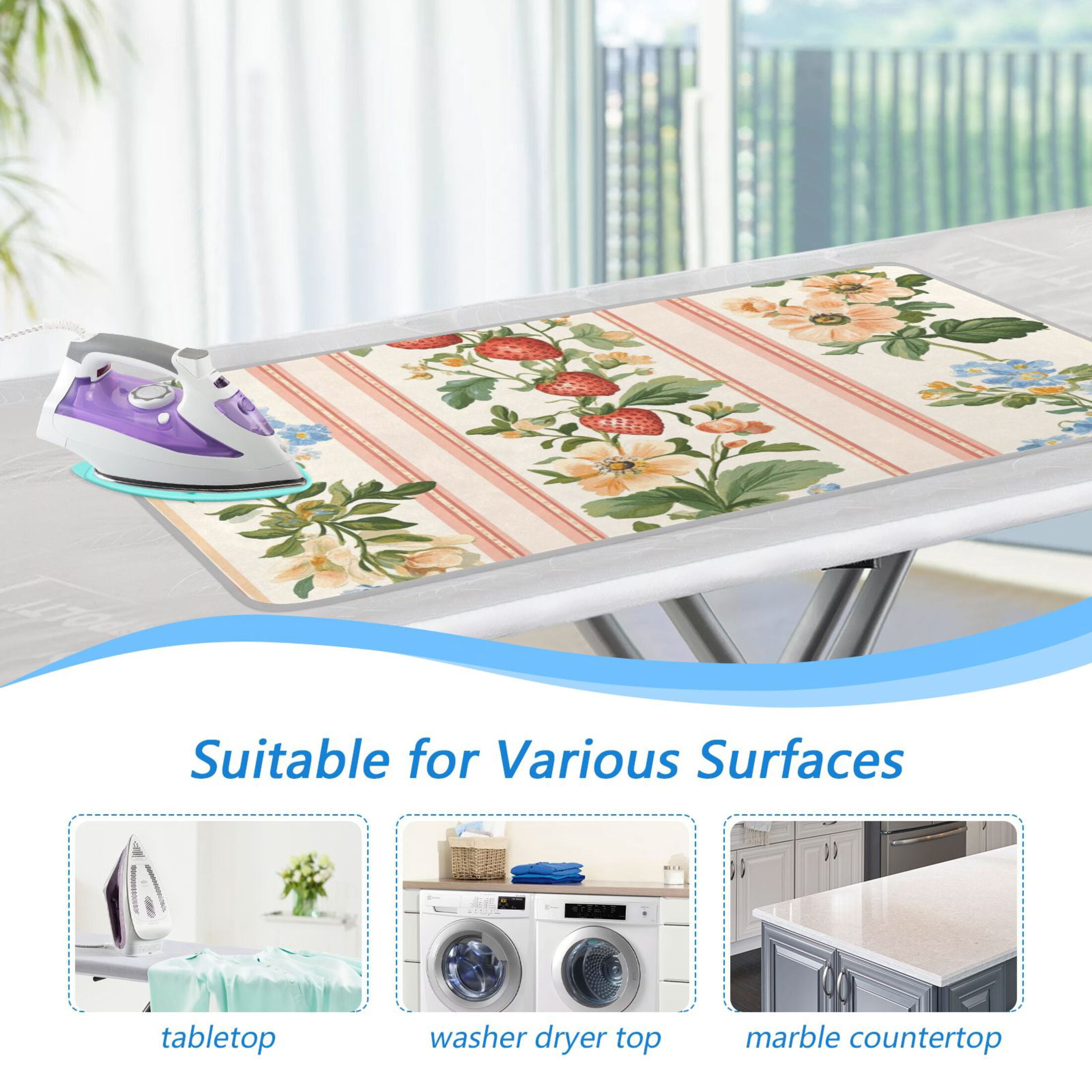 Strawberries Florals Vines Stripes Retro Ironing Mat Blanket Portable Travel Ironing Pad Heat Resistant Pad 47.2" x 27.6”