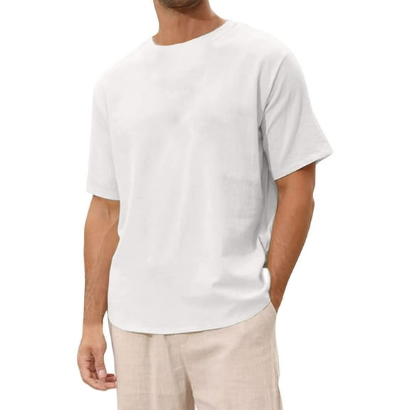 Men's Linen T Shirt Short Sleeve Crew Neck Solid Color Casual Beach Top Comfortable Breathable Summer Tee