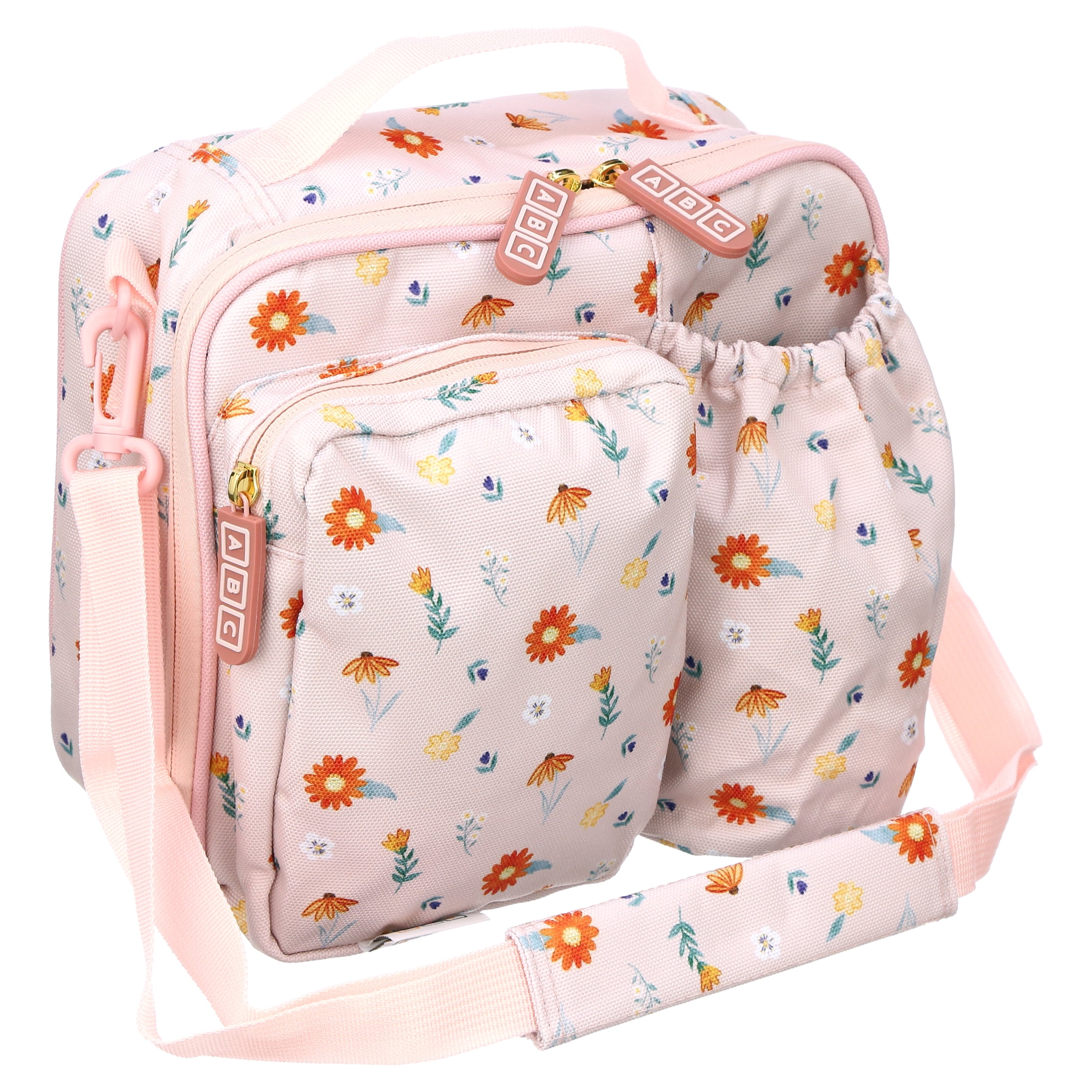 Austin Baby Co Lunch Bag – Reusable Lunch Bag with Pockets, Nameplate, and Adjustable Shoulder Strap – Insulated to Keep Foods Warm or Cold – Made with 100% Recycled Fabric (Wildflower Ripe Peach)