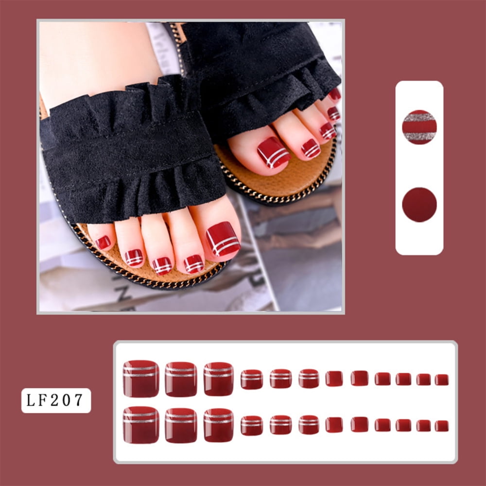 Wine Red Silver Line Fake Toenails ChipProof Solid Fake Toenails for