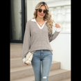 thumbnail image 4 of Suéteres de Cuello en V para Mujer, Jersey con Bloques de Color, Mangas Largas, Corte Holgado, Estilo Informal, Tipo Túnica, Camisetas. Caqui XL, 4 of 10