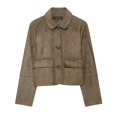 thumbnail image 2 of Unir Women Relaxed Peter Pan Collar Button Front Cropped Suede Jacket Long Sleeve Pocket Casual Daily Outer Coat 1PC XS-XL Plus Size Friendly, 2 of 5