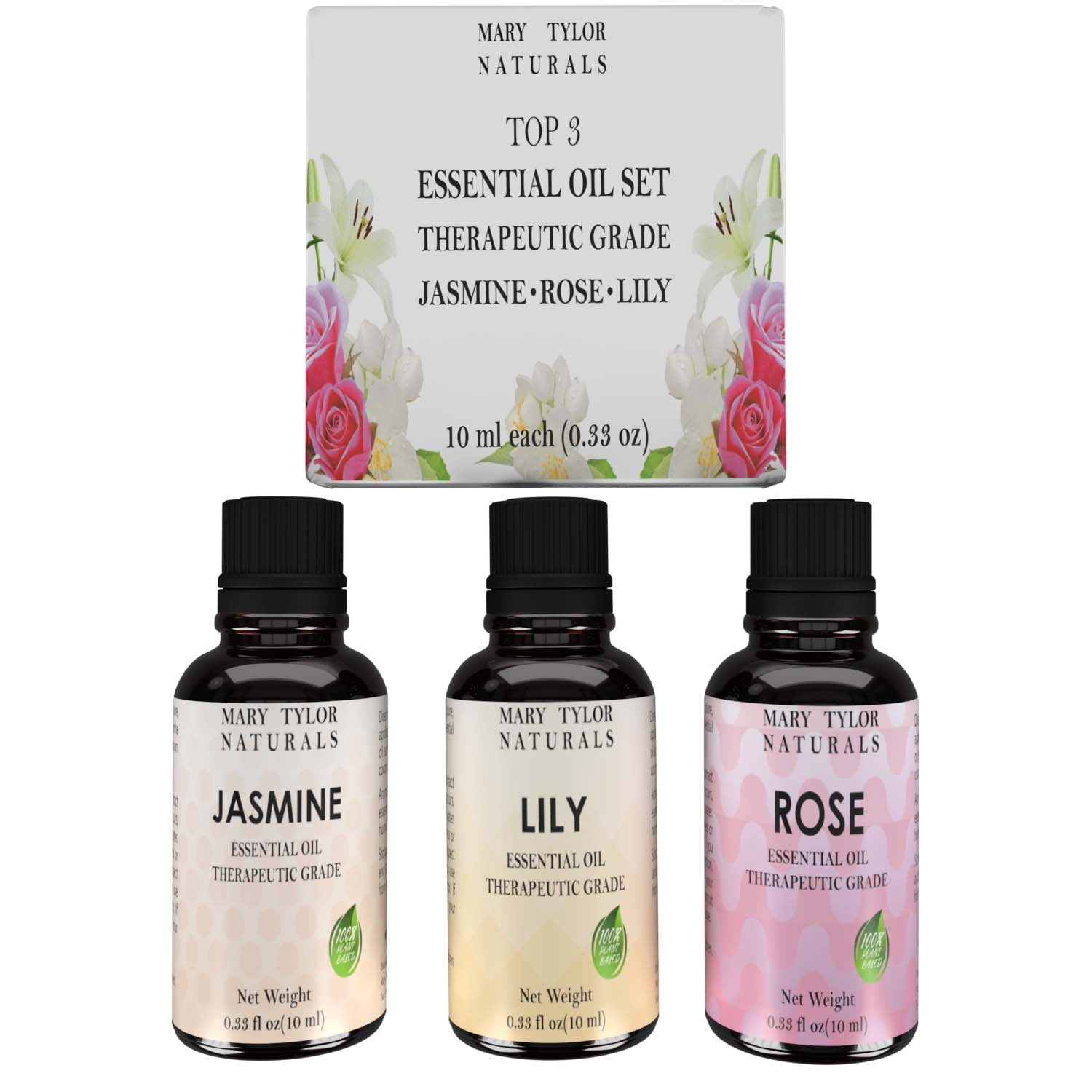 Premium Essential Oils Set, Top 3 x 10 ml Each, Rose, Jasmine and Lily for Aromatherapy by Mary Tylor Naturals