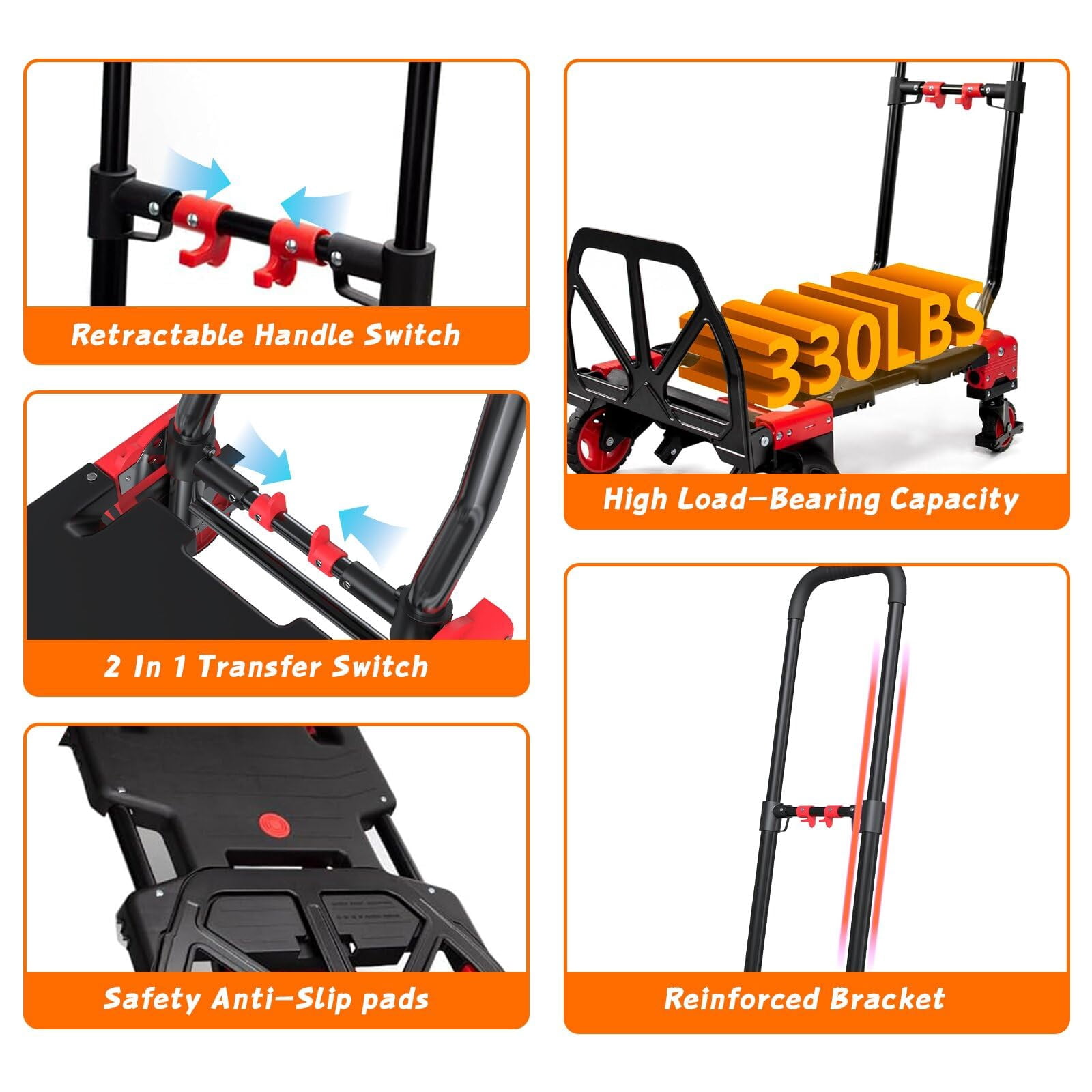 2-in-1Hand Truck Dolly with Folding Basket, Dolly Cart with 4 Wheels, Wagons Carts Foldable with Retractable Handle, Foldable wagon for Moving, 330LBS Capacity, Red