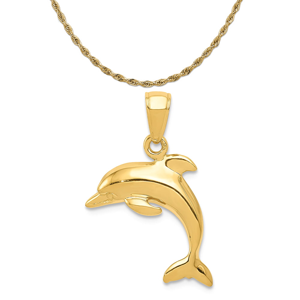 14K Yellow Gold Dolphins Pendant on an Adjustable 14K Yellow Gold Chain Necklace