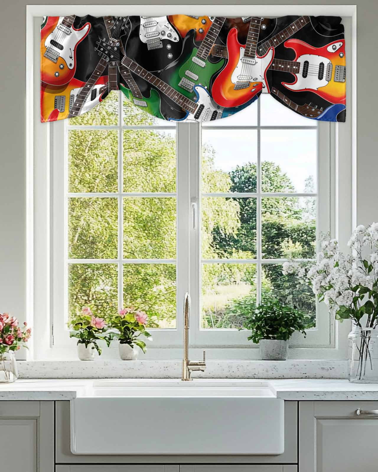 Electric Guitar Tie Up Valances Curtain, Adjustable Kitchen Colorful Guitar Music Instrumentation Valances for Windows Decor, Rod Pocket Short Curtains Set for Bedroom/Bathroom, 54"x18"