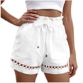 thumbnail image 2 of Linen Paperbag Shorts for Women High Rise Drawstring Waist Beach Shorts Hollow Out Eyelet Embroidery Detail Boho Summer Vacation Lounge Bottoms, 2 of 8