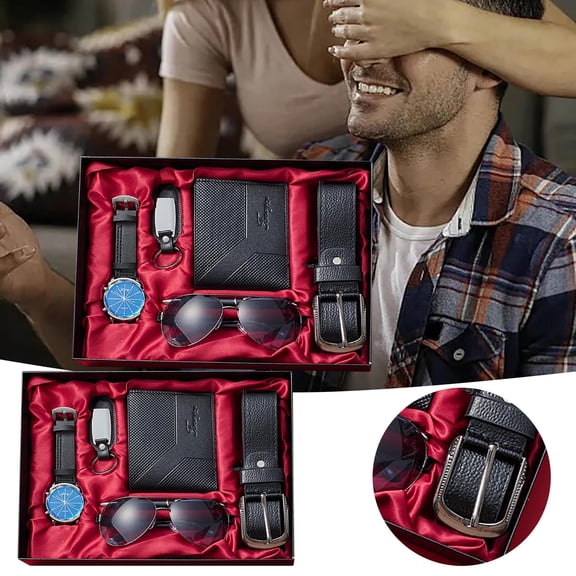 Gift Set Men's Quality Leather Quartz Wrist Skin with Key Ring Sunglasses Wallet Pen Valentine's Day Father's Day Christmas Birthday Gift for Him Luxury Gift For Husband.